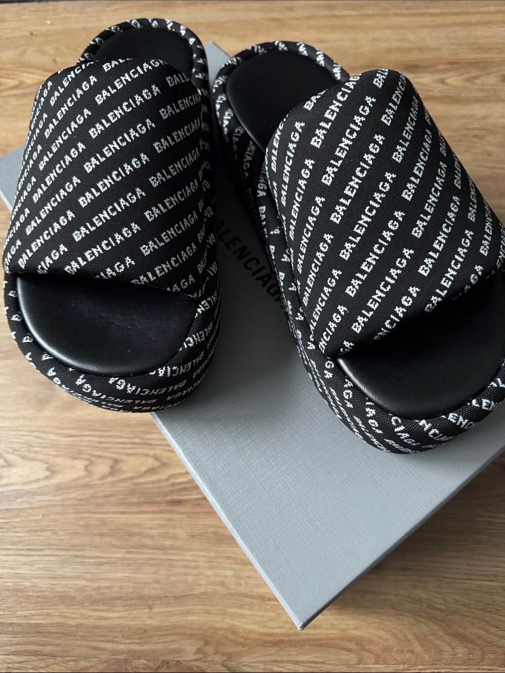 Balenciaga Black and White Logo Platform Slides